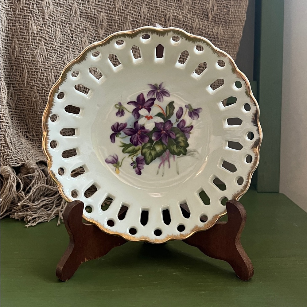 Vintage Napco China Reticulated Plate with Purple Violet Flowers & Gold Trim